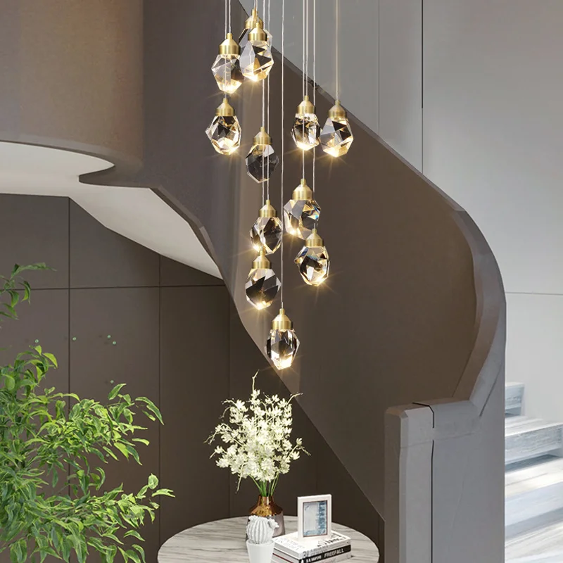 

Modern Nordic crystal chandelier duplex villa stair lamp living room dining room lamp exhibition hall rest area decorative lamp