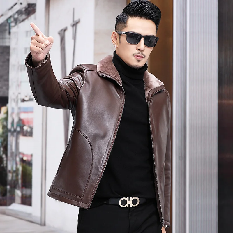 

100% genuine leather real Leather coat men's sheep fur integrated jacket thickened cashmere middle-aged father's winter suit