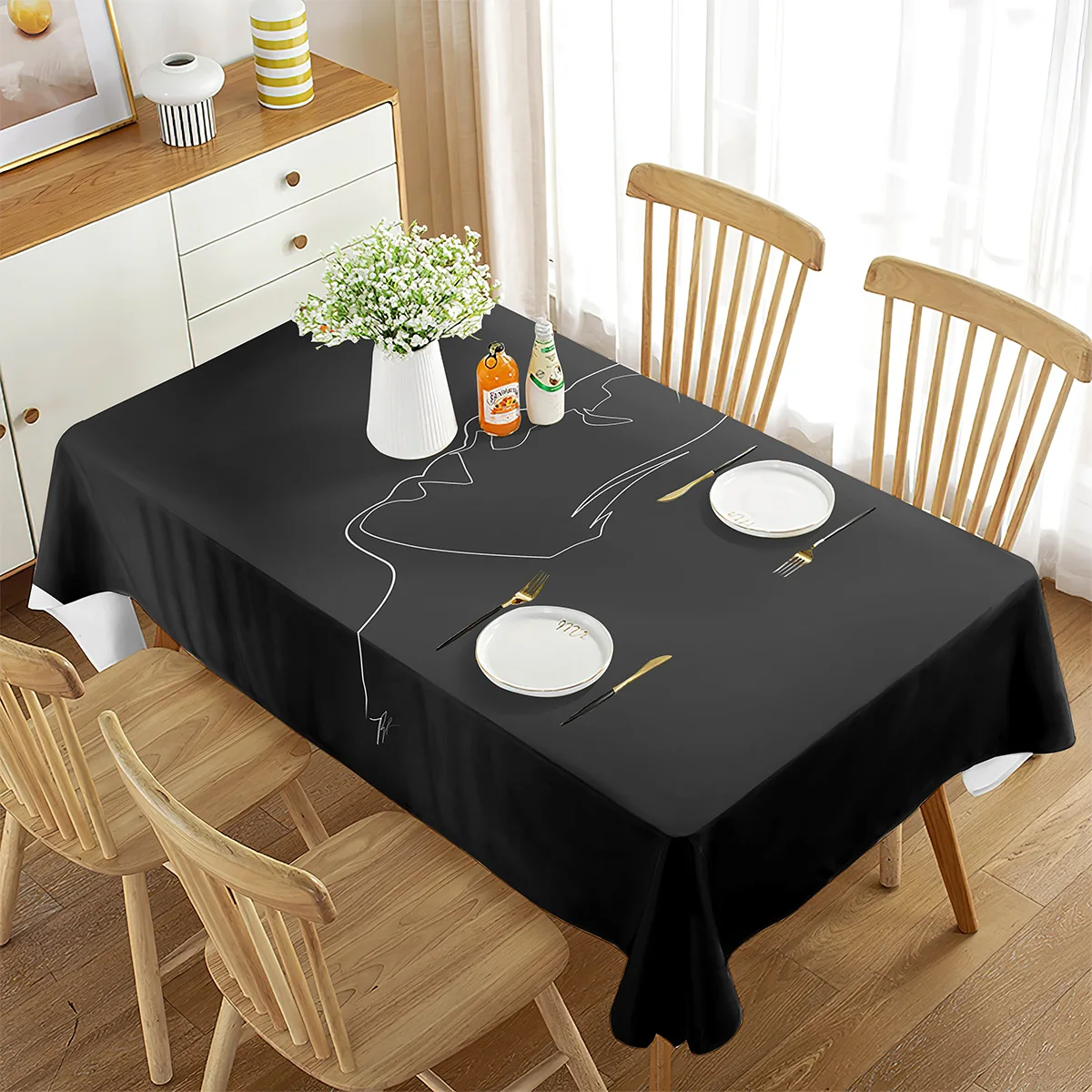 

Black and White Tablecloth Line Sketch Human Face Outline Rectangular Tablecloth Simple Style for Dining Room Kitchen Decoration