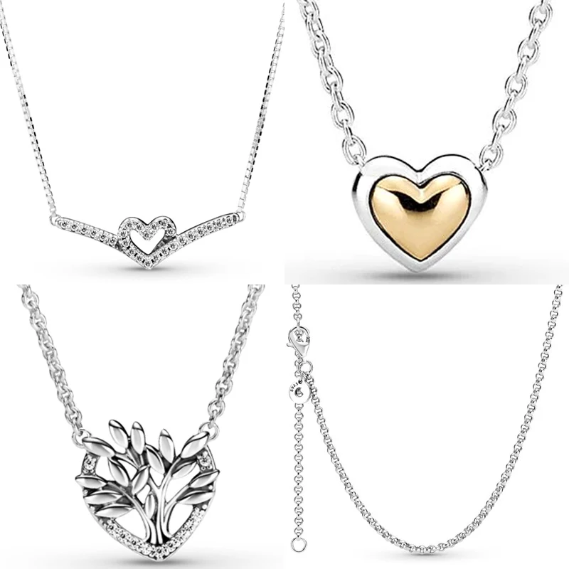 

New 925 Sterling Silver Sparkling Heart Wishbone Family Tree Collier Rolo Chain Necklace For Popular Bead Charm DIY Jewelry