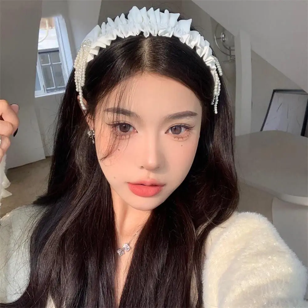 

Headband Head Ornaments Gifts For Girls Temperament Wide Side Wrinkle Tassel Pearl Bow Headbands Women Hair Hoop Retro Headwear