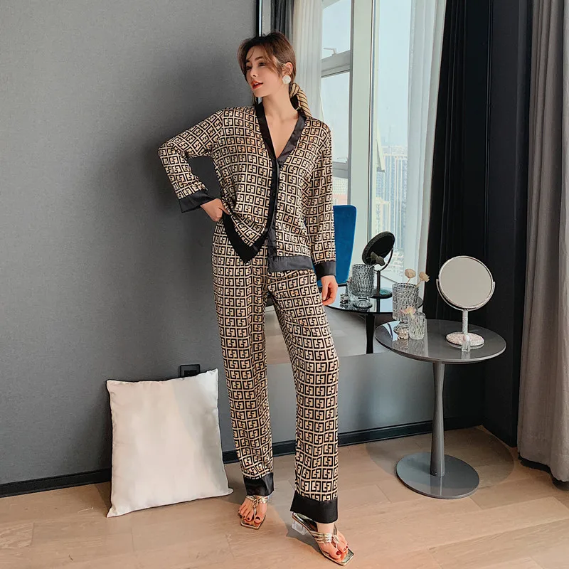 Female pyjamas two-piece female leisure wear long sleeve leisure long-sleeved suit ice silk satin ice silk pajamas