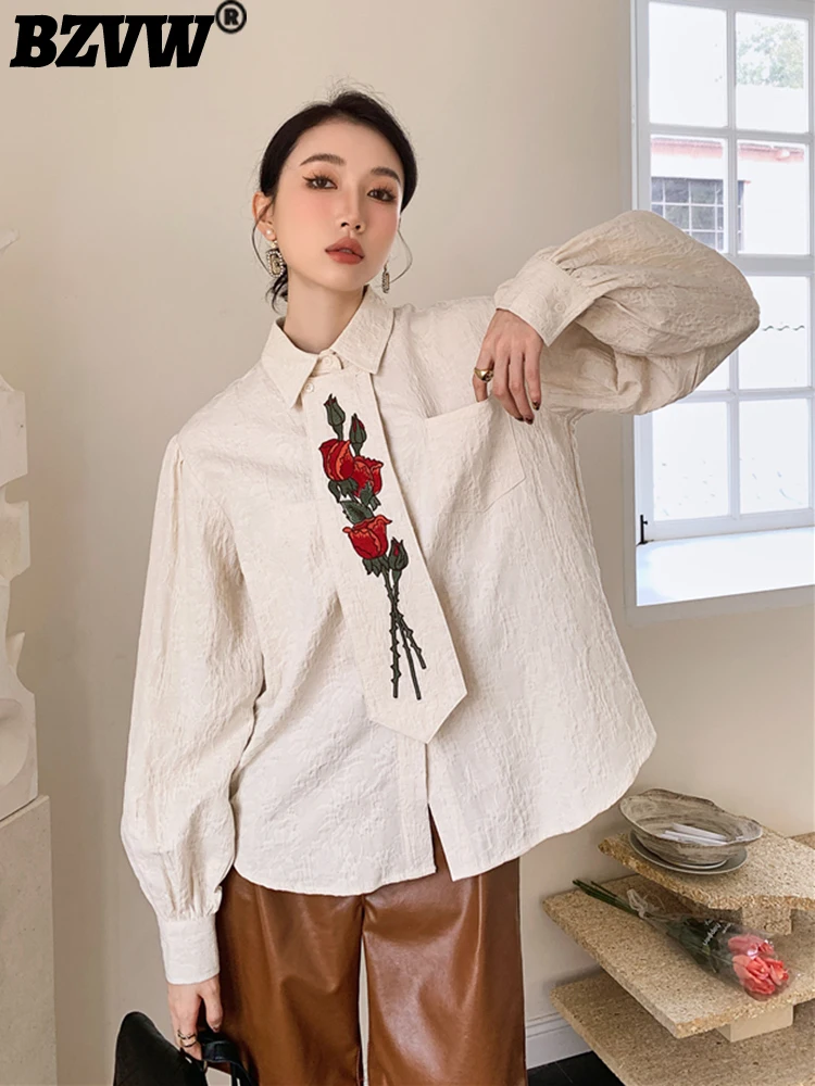 

BZVW Розовая вышивка дизайнерские рубашки и блузки для женщин текстурная винтажная свободная темпераментная рубашка Женская мода 2023 25X010
