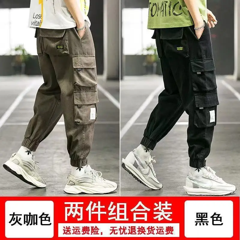 

Мужские комбинезоны, Модные свободные повседневные брюки, мужские Модные брендовые брюки из чистого хлопка со множеством карманов и завязк...