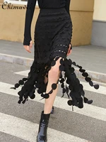 2022 summer new three dimensional polka dot hollow out skirt womens black all matching tassel slimming high waist skirt female