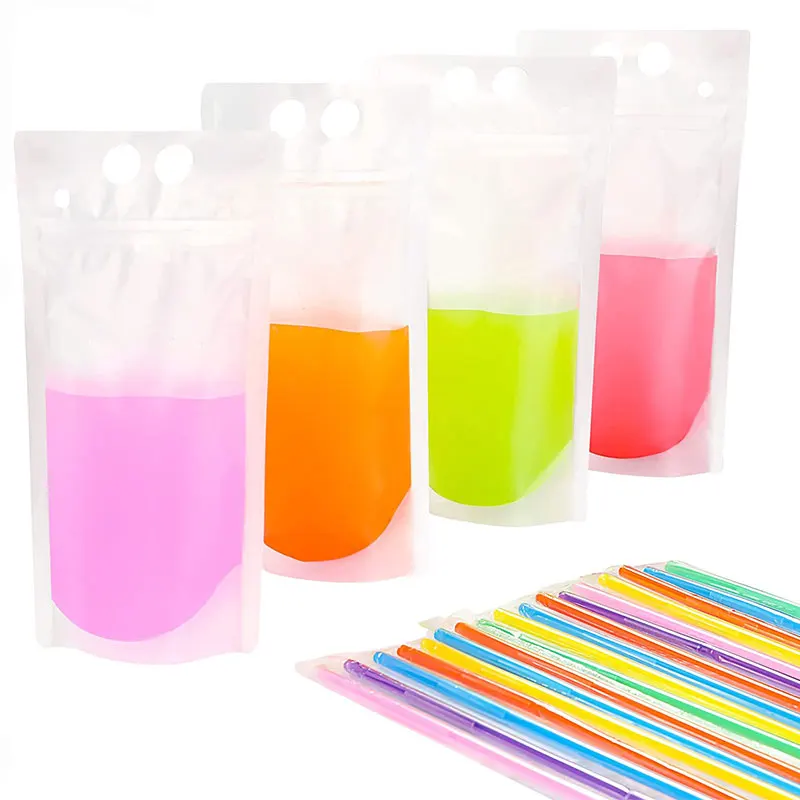 50PCS Drink Pouches for Adult with Straw Smoothie Bags Juice Pouches with 50 Drink Straws, Reclosable Ice Drink Pouches Bag