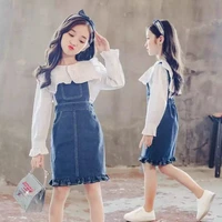 2021 kids clothing set for girls childrens clothes 6 8 12 13 14 years autumn blouse denim overall dress 2 pcs suits teen girl