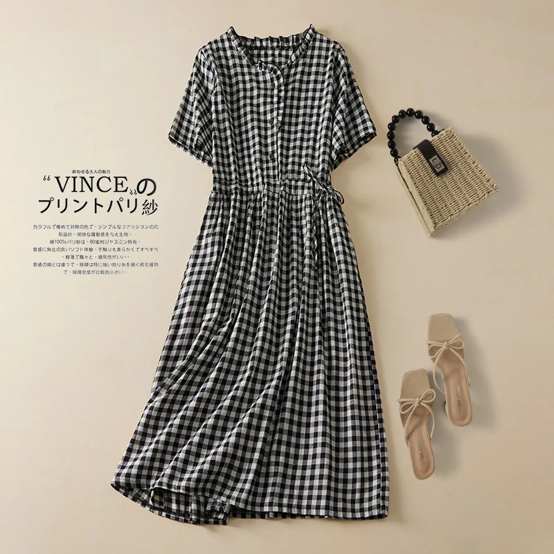 

Dress Work Fashion New Midi Lady Casual Cotton Travel Dress Office String Draw Plaid Arrival Women 2023 Summer Thin Dress
