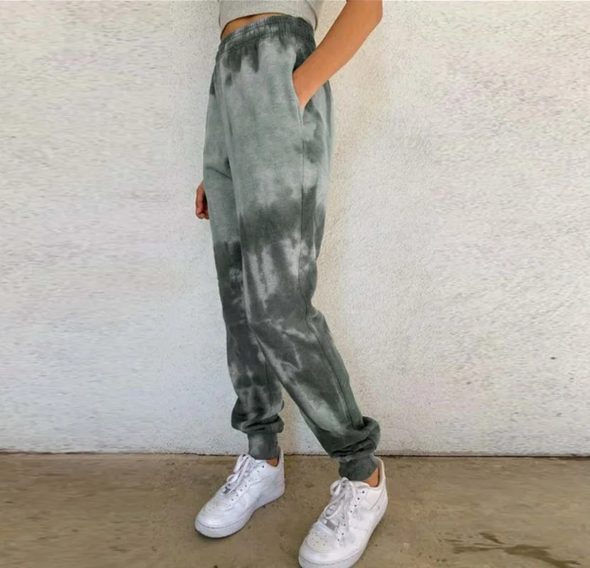 

Hot Women Tie Dye Printing Casual Sport Pants Running Jogger Pants Tracksuit Elastic Elegant Belt Loose Cotton Streetwear