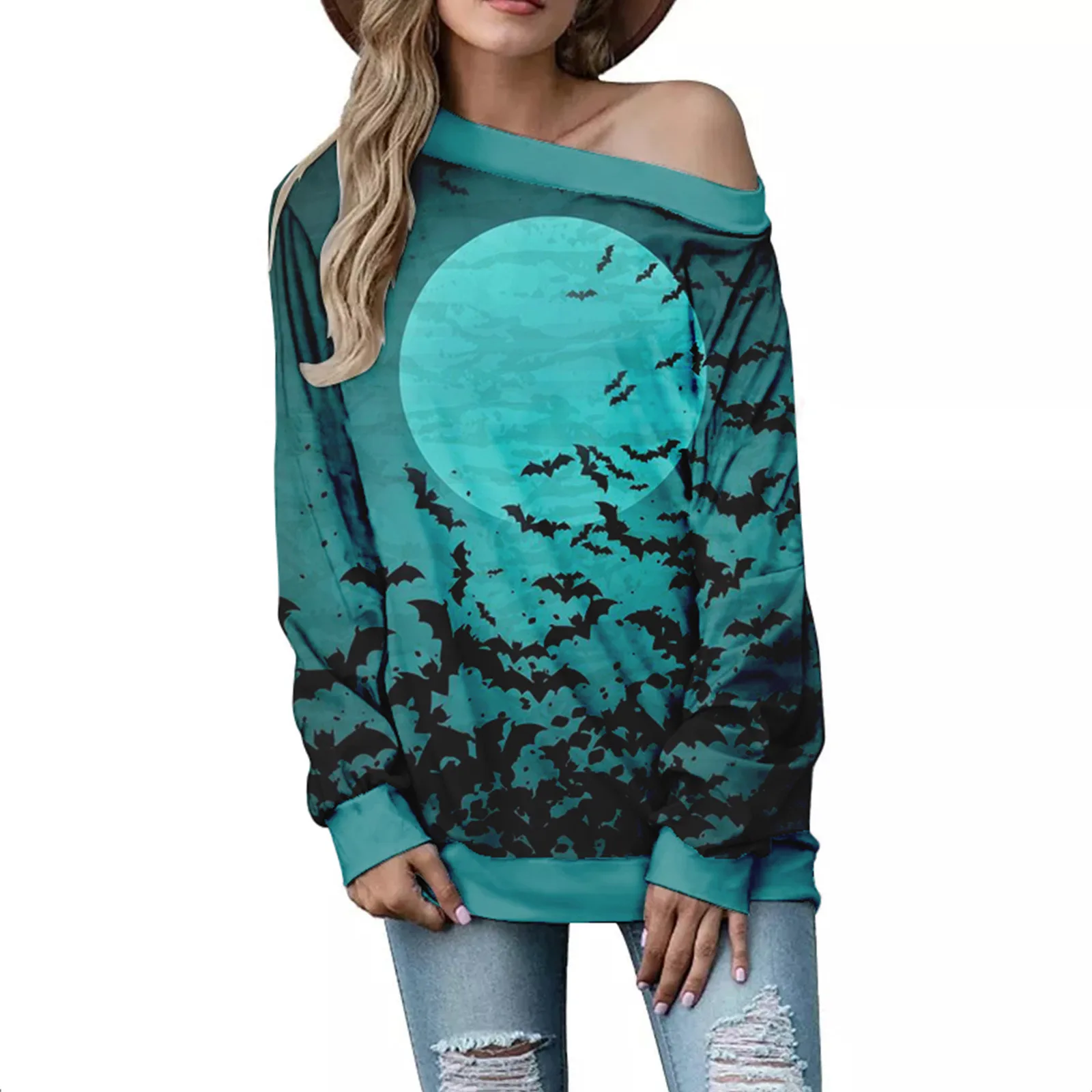

Womens Off Shoulder Tops Casual Blouse Long Sleeve Shirts Tunic Basic Halloween Funny Printed Tee Shirts Mock Turtle Neck Ladies