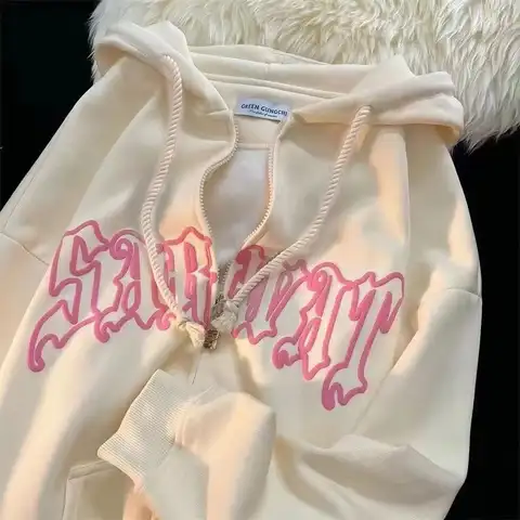 Women Embroidery Hoodies 2023 Retro Harajuku Letter Print Long Sleeve Loose Sweatshirt Ladies Gothic Y2K Oversized Zip Up Hoodie