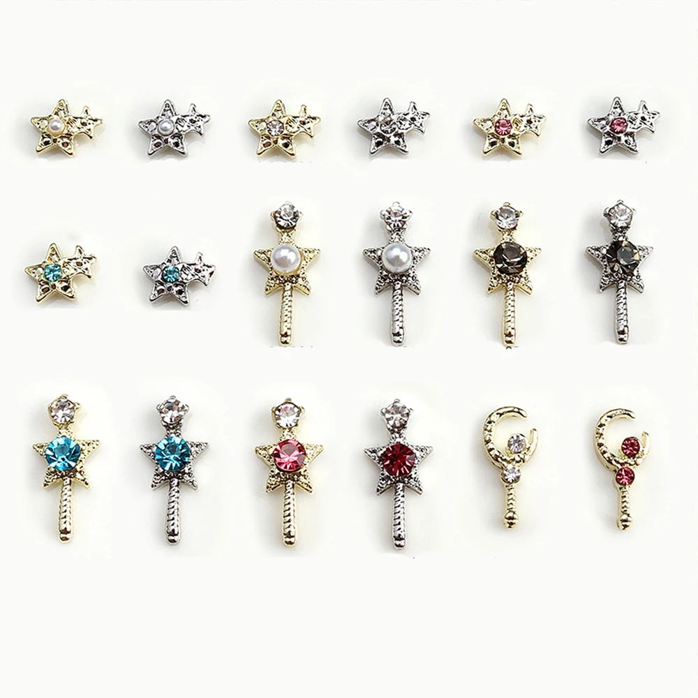 

10Pcs Water Ice Moon Zircon Nail Art Jewelry 3D Beauty Girl Gold Silver Sailor Moon Elf Magic Wand Manicure Pendant With Pearl