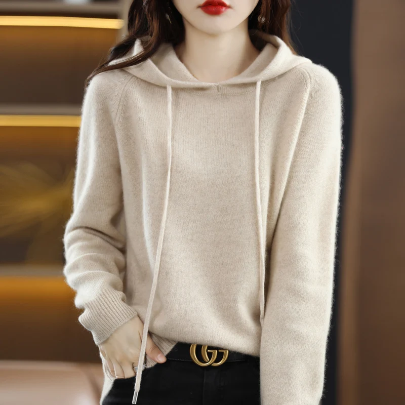 Свитер с капюшоном из 100% чистой шерсти Свободный Повседневный Новый однотонный