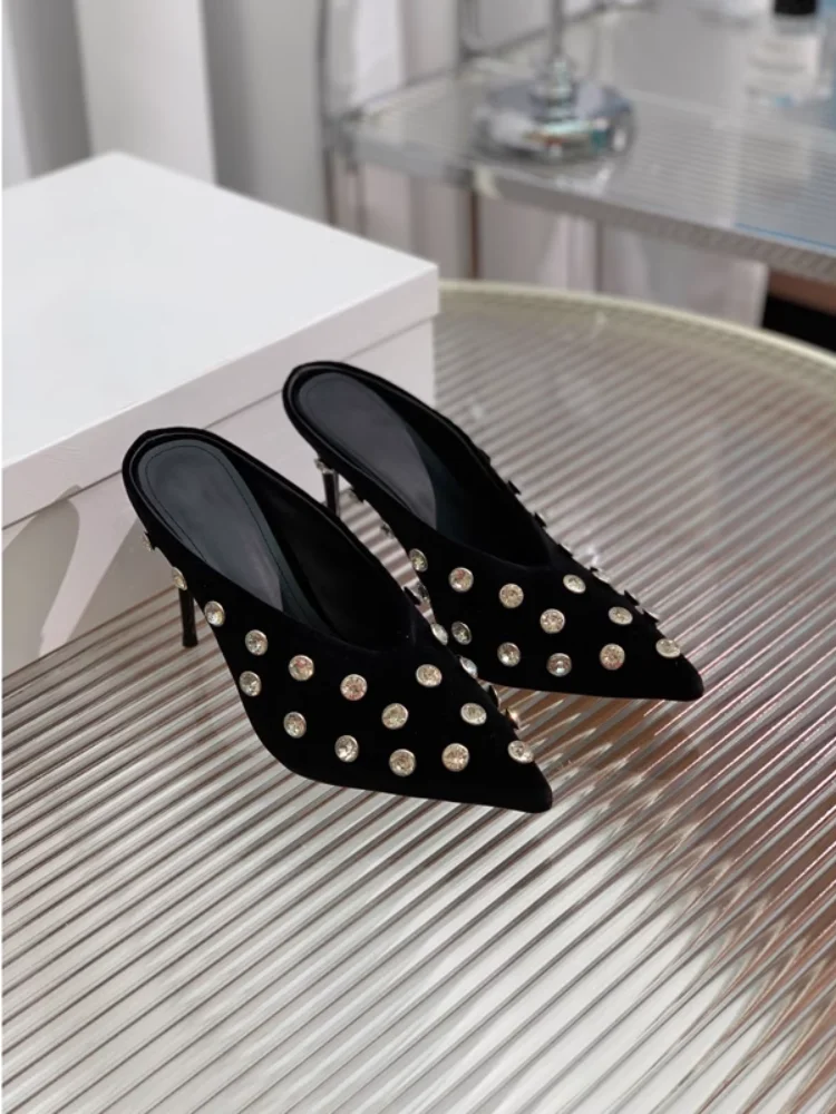 

Luxury Diamond Pointed Toe Slippers Classic Velvet Pearl Buckle Sandals Super High Heels Party Dress Shoes Rhinestone Half Drag