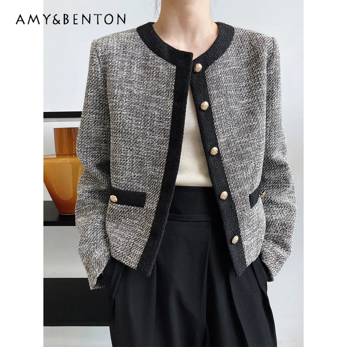 Crew Neck Contrast Color Short Coat Women's Autumn Winter New Tweed High-Grade Cropped Jacket Socialite Long Sleeve Clothes