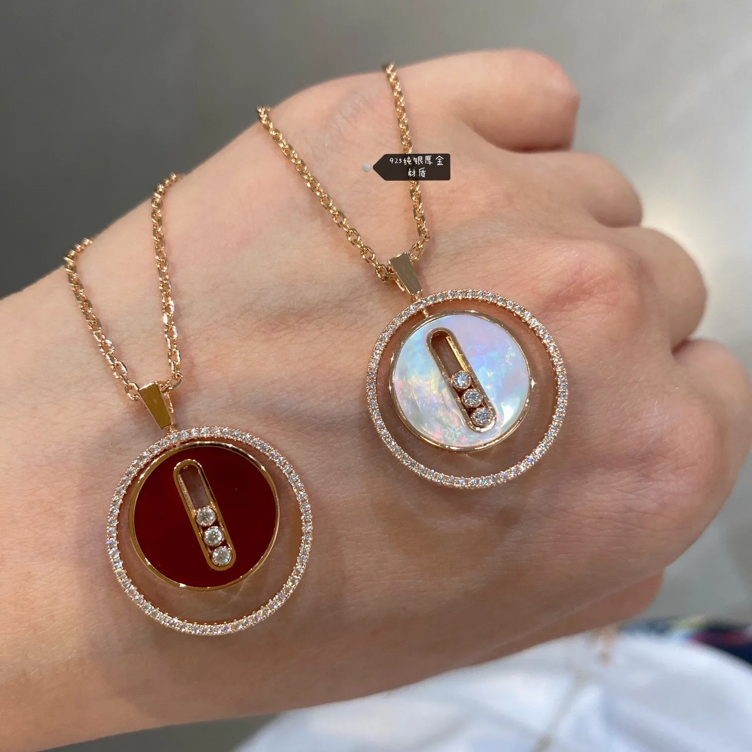 

Top Quality 14K Gold Diamond Hollow White Mother Pearl Carnelian Pendant Necklace For Women Big Brand S925 Silver Luxury Jewelry