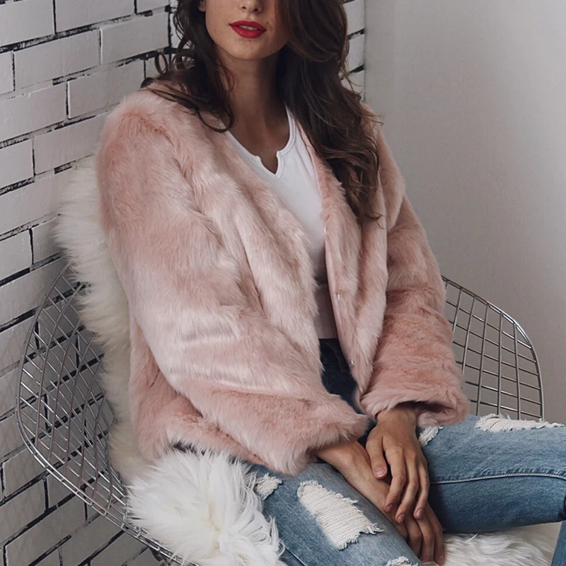 Fashion Faux Fur Coat Women's Fall/Winter Collar Long Sleeve Jacket V-neck Coat Pink Brown White Thickening Warm Short Fur Coat