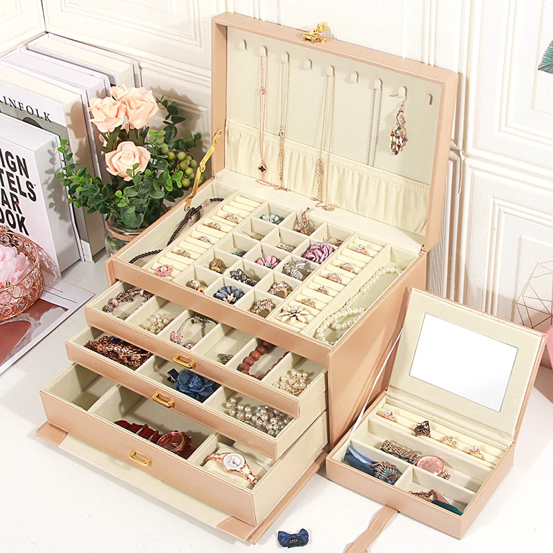 Large Multi Layer Jewelry Storage Box Organizer for Girl Case Pink Korean Jewelry Box Earrings Display Wooden Travel Gift Ideas