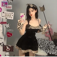 sweet little beautiful leopard suspender skirt sexy plush uniform cosplay suit night stage suit ds suit wild cat girl dress kur4