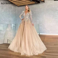 champagne elegant a line evening dresses luxurious long sleeves v neck sequined crystals sparkly women formal party prom gowns