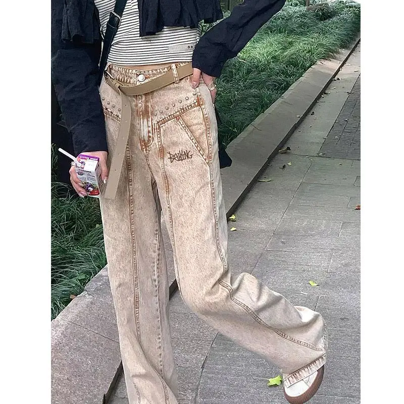 

Khaki denim straight leg jeans for women in spring new fashion American retro hiphop high street design Spicy Girl pants y2k