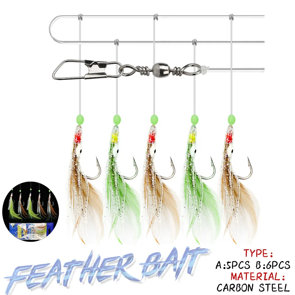 

5PCS/Set 5 Combination Fishhook Fishing Lure Set Artificial Silicone Bait False skin Luminous Bead Flies Rattlin Sabiki