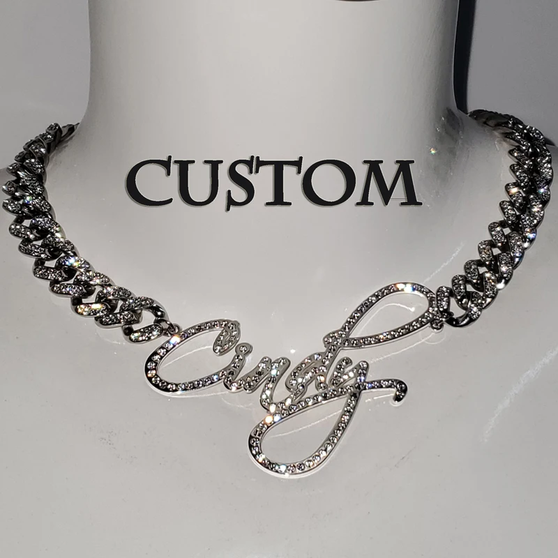 

Customized Stainless Steel Words Name Necklace 1.2cm Rhinestone Cuban Chain Miami Cuban Link for Men Women Hip hop Jewelry