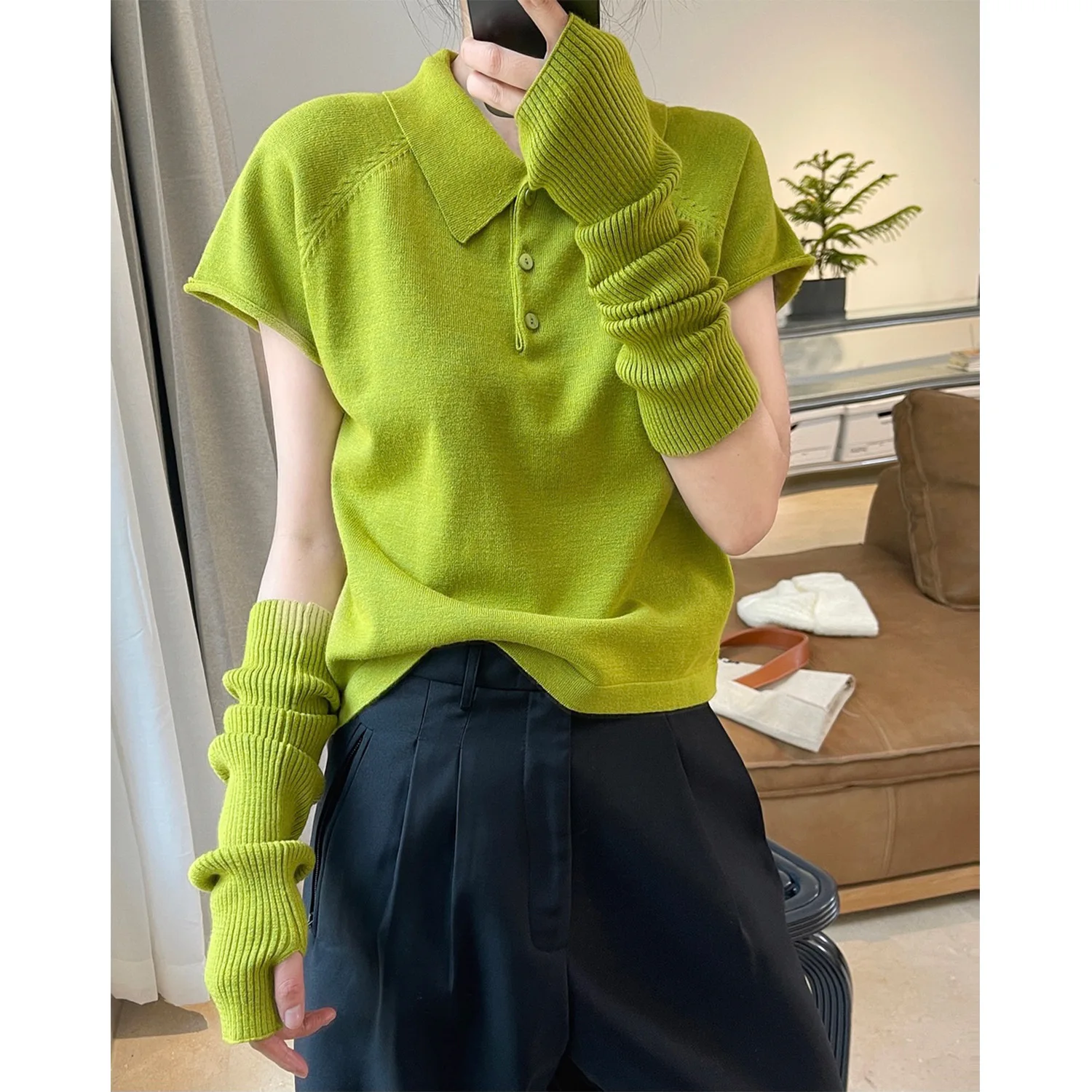 

Short Sleeve Sleeve Knitted Women's Sweater 2022 Spring New College Style Lapel Fashion Casual Top Women