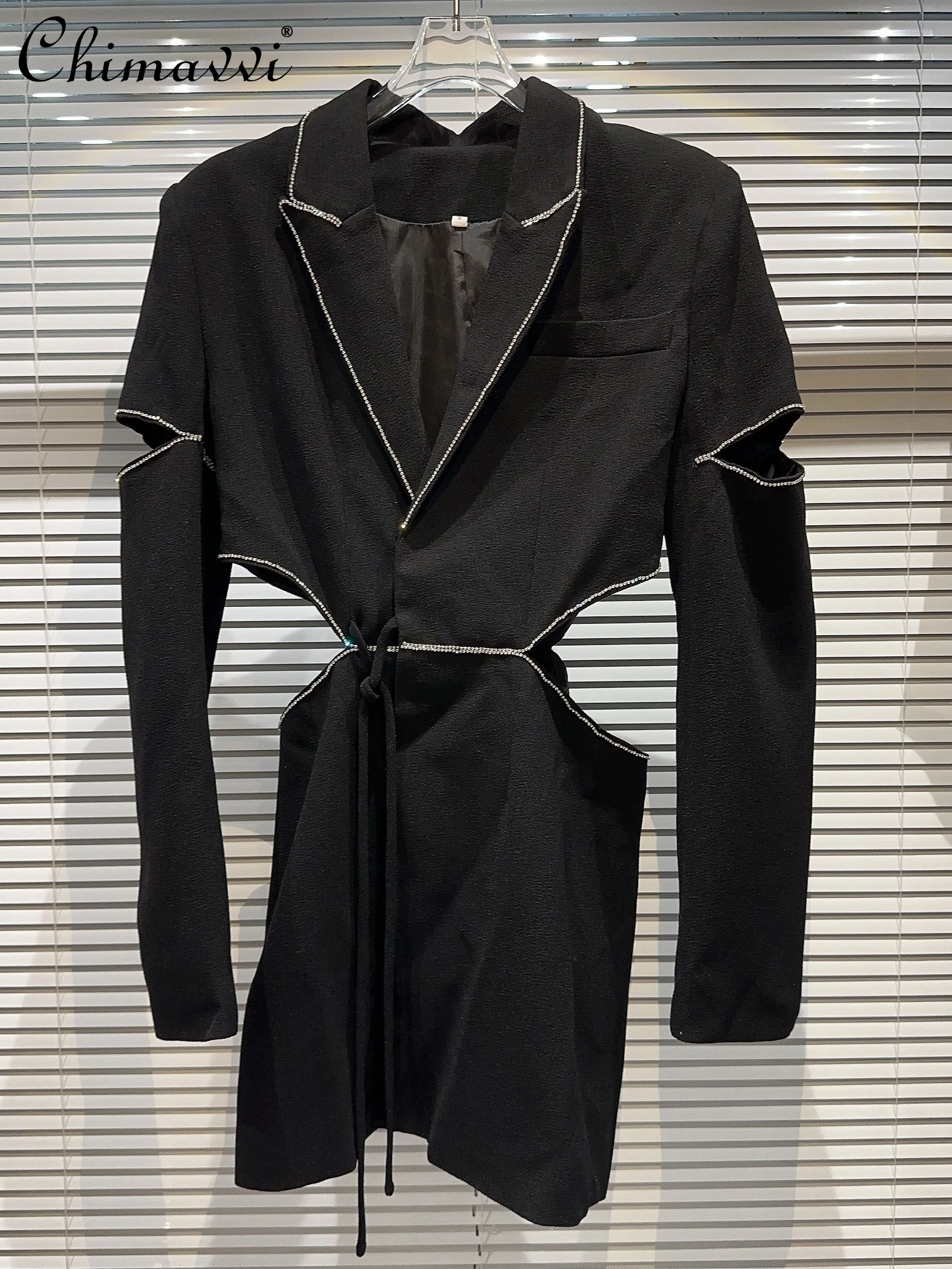 

New Women's Coat 2023 Autumn Clothes Fashion Model Style Socialite Rhinestone Edge Hollow Waist Suit Trench Coat Long Trech