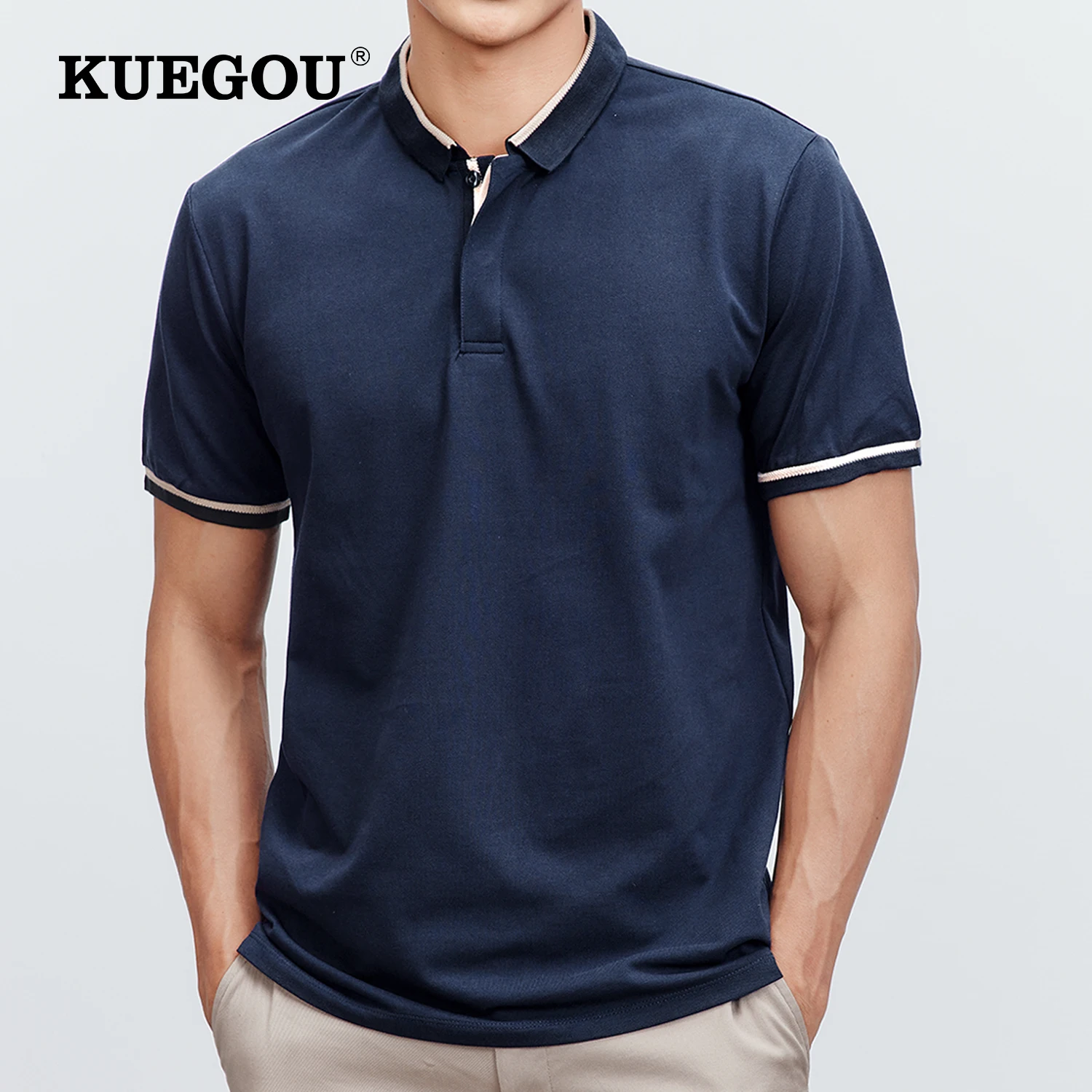 

KUEGOU 2022 Summer Men 's Polo Shirt Short Sleeve Clothes Simple Polos Slim Lapel Top Black White Plus Size ZT-3392