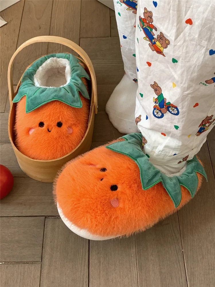 

Забавные креативные симпатичные Тапочки из томатного хлопка, женские сандалии, персонализированные домашние Нескользящие теплые плюшевые хлопковые туфли на осложненном каблуке