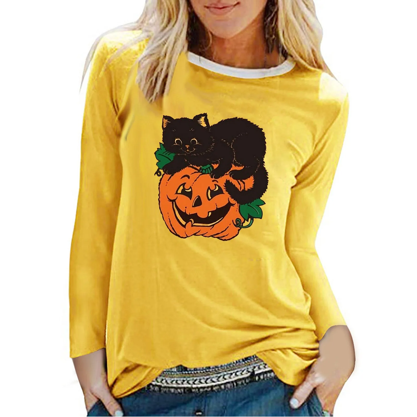 

Chinese Women Blouse Women Fashion Casual Halloween Print Round Neck Long Sleeve Shirt Loose Top Womens Tops Dressy Sexy