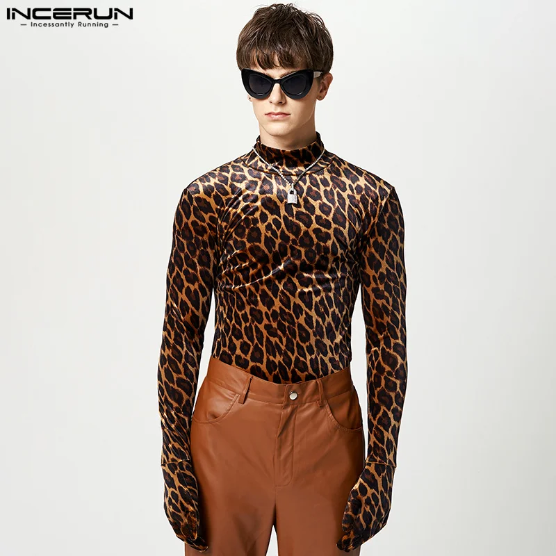 

Casual Streetwear Style Tops INCERUN Men's High Neck Leopard Print Pattern Stylish Well Fitting Male Long Sleeve T-shirts S-5XL