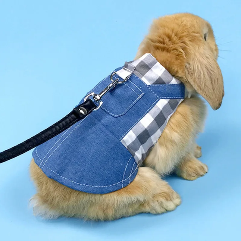 Pet Rabbit Clothes Baby Rabbit Denim Jacket Coat Leash Set For Guinea Pig Dwarf Rabbit Cute Lattice Vest Solid Color Hoodie