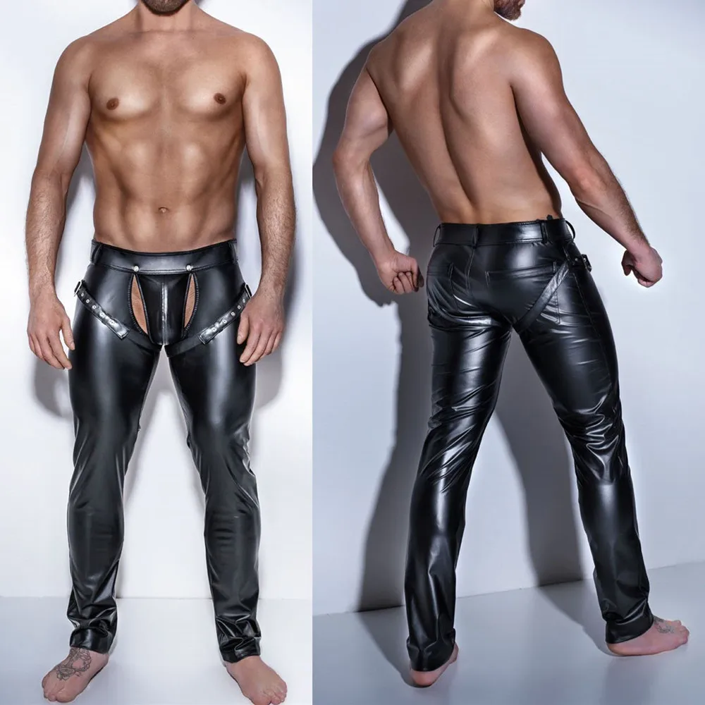 

Сексуальные мужские штаны из искусственной кожи, Эротическое нижнее белье, обтягивающие брюки с открытой промежностью, гей-фетиш, Клубная одежда, Черная Женская одежда