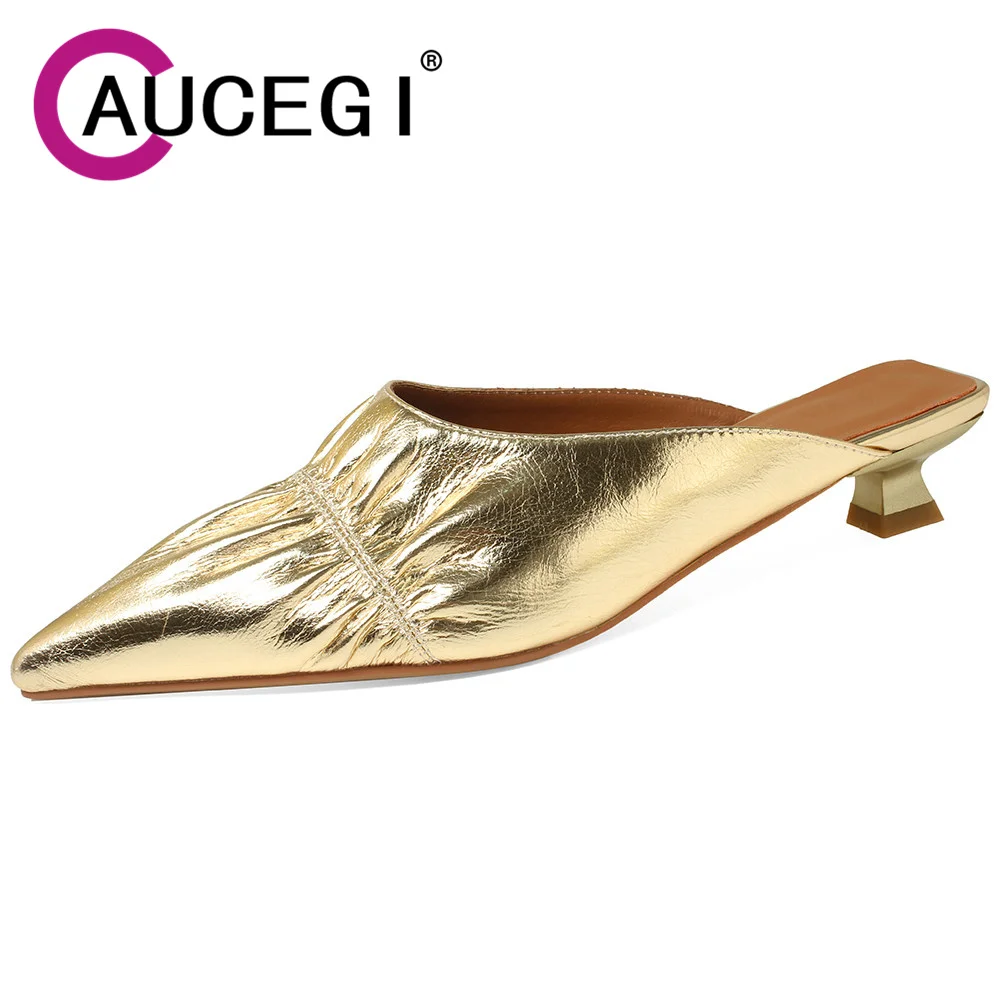 

Aucegi 2023 Весенние Новые Брендовые женские тапочки мюли с острым носком без застежек женские каблуки с котятами уличные строгие Туфли цвет золото серебро