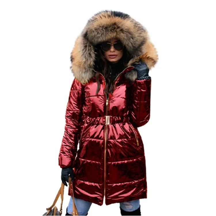 2023 Winter Women's Waist Wrap Mid length Cotton Coat with Large Wool Collar Hooded Bright Face Fashion Warm Coat