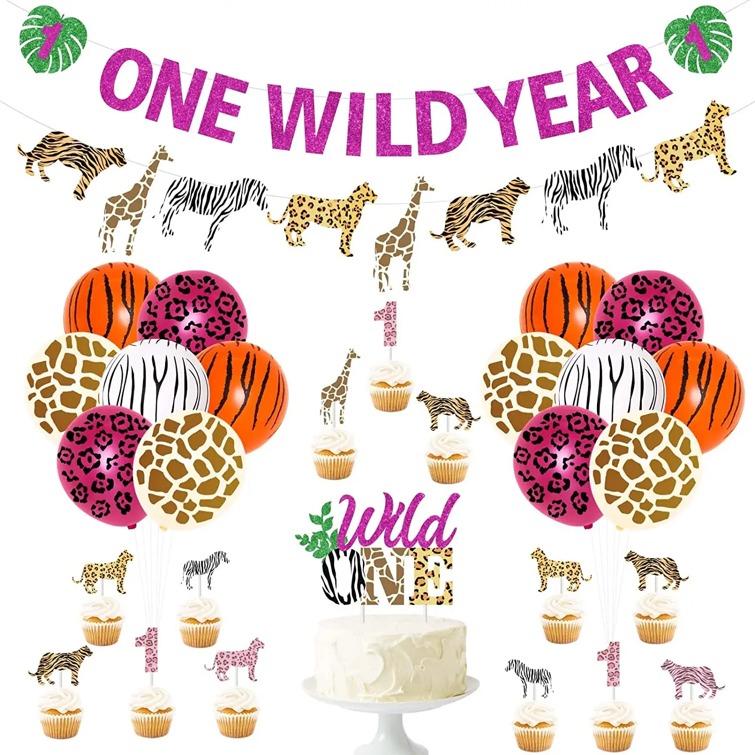 

JOYMEMO Cheetah 1st 2nd 3rd Birthday Party Decorations Jungle Animals Balloons Two Wild One Banner Garland Leopard Cake Toppers