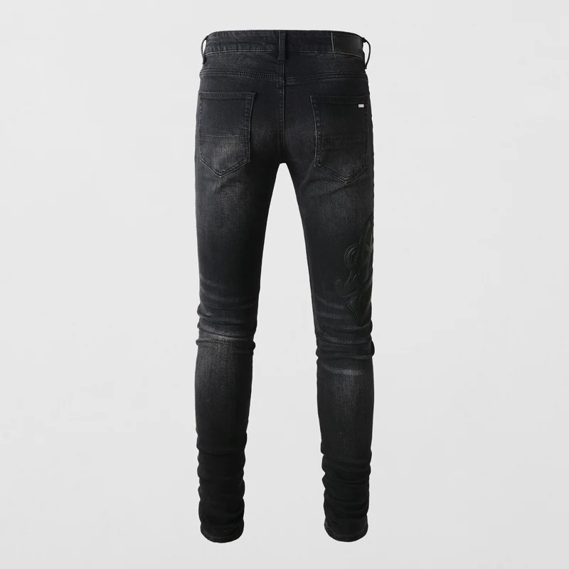 Street Fashion Men Jeans Retro Black Gray Elastic Stretch Skinny Ripped Jeans Men Leather Patches Designer Hip Hop Brand Pants