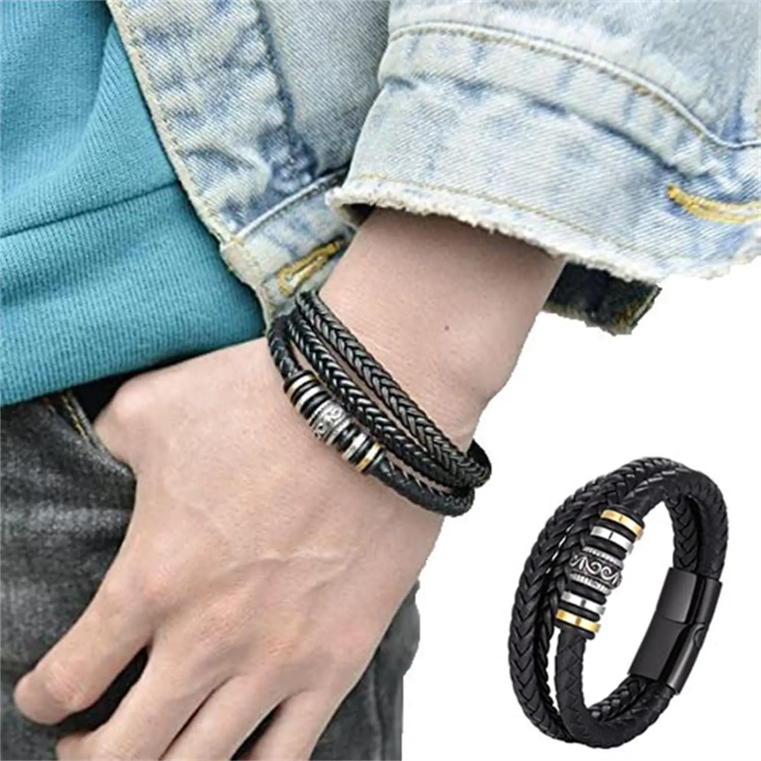 

For My Grandson-I Will Always Be with You Double-Row Bracelet,Mens Braided Leather Bracelet Bangle Wristband,Gift for Grandson