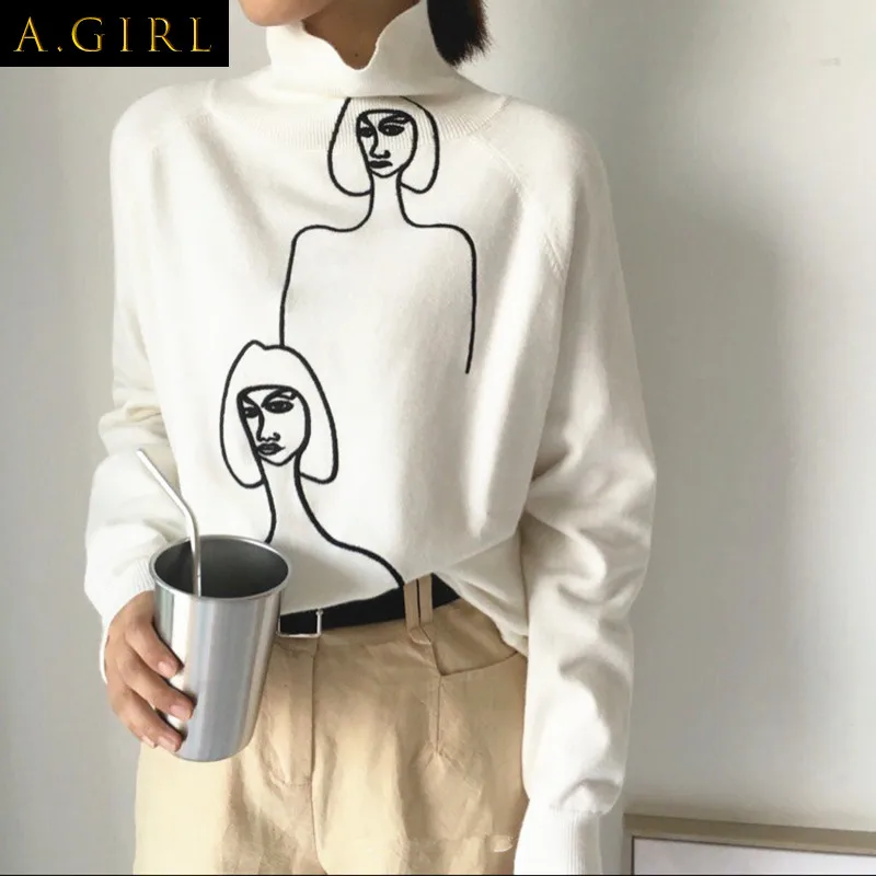 

A GIRLS Korean Women 2021 New Sweaters Cartoon Embroidery Female Jumper Long Sleeve Pullover Turtleneck Mujer Sueter 76271