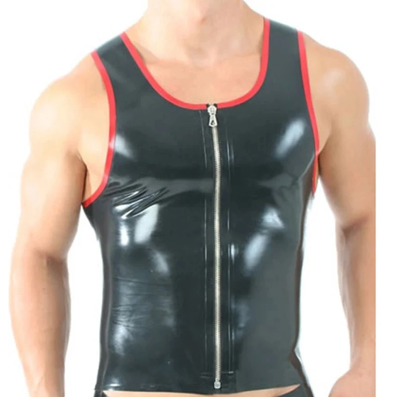 

Пикантная рубашка из натурального латекса, черный с красным краем, жилет на молнии спереди, резиновый Топ для мужчин, латексный Топ ручной работы