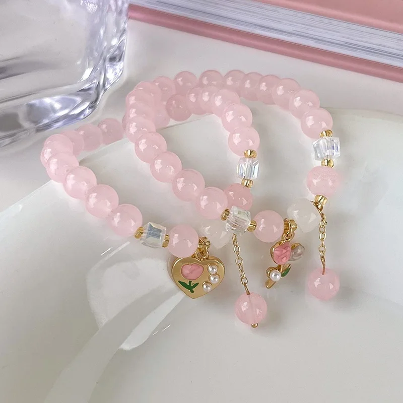 

Sweet Pink Cystal Beads Flower Charm Bracelet for Women Girls Feamel Handmade Elastic Rope Heart Jewelry Fashion Party Gift