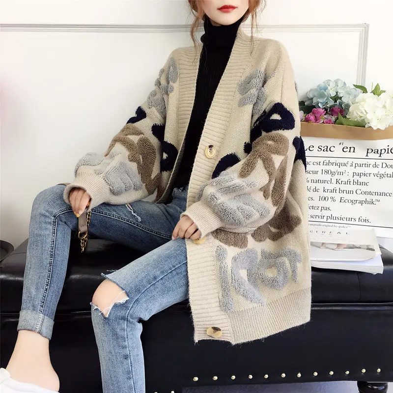 

Women Letter Print Knit Sweater 2022 Spring Autumn New Korean Long Sleeve Single Breasted Thick Loose Cardigans