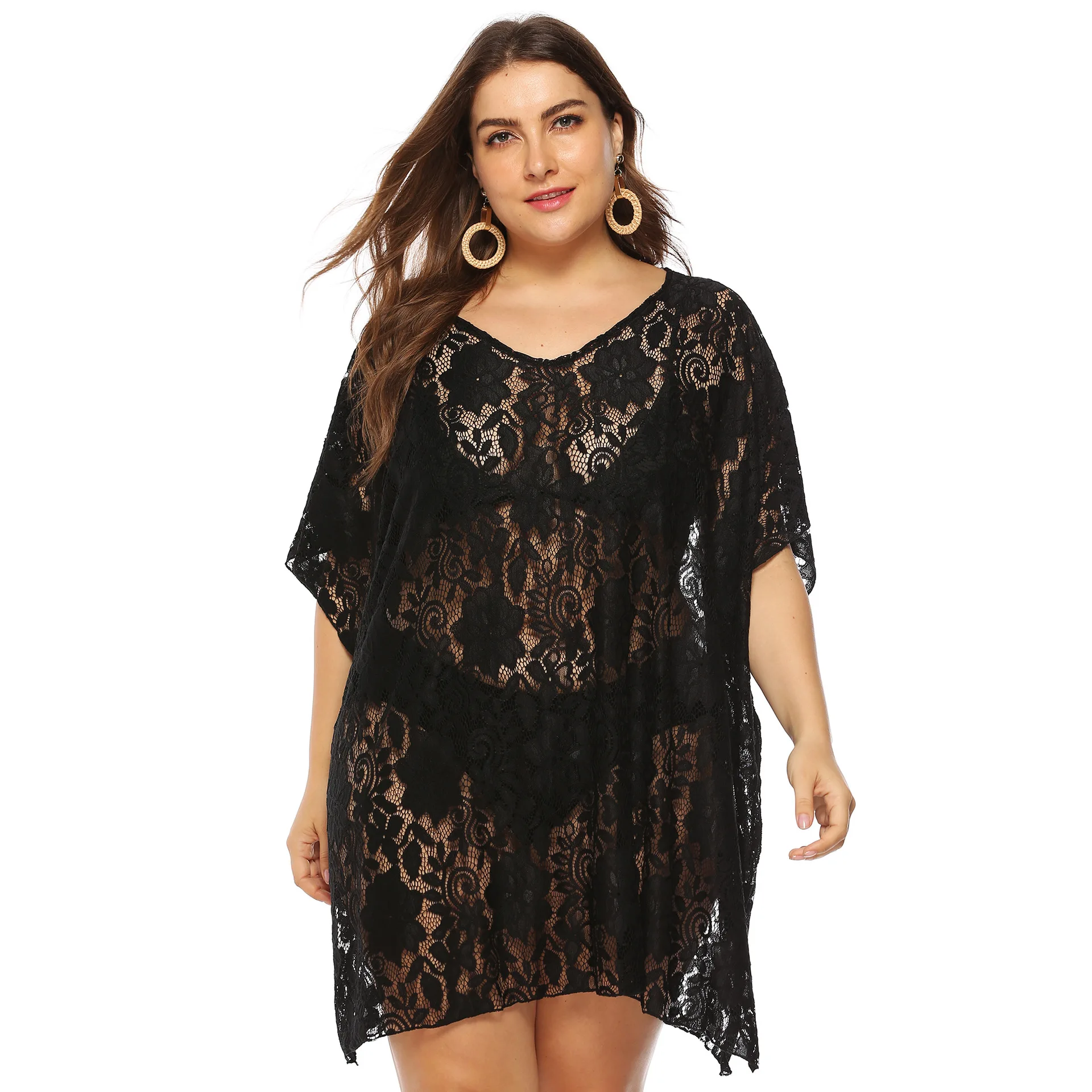 

XL-4XL Plus Size Black Lace Sexy Dresses for Women 2022 Short Sleeve Sun Protection Transparent Beach Minni Dress Lady Vacation