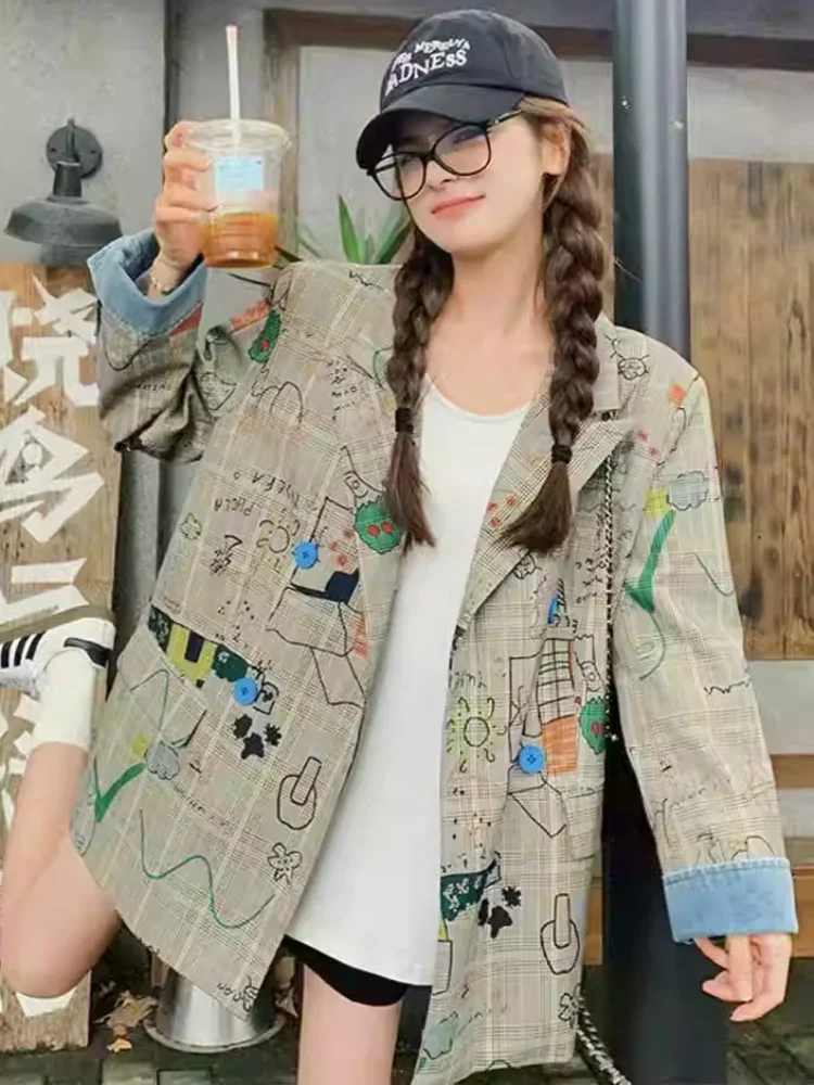 High Street Y2K дизайн граффити клетчатый пиджак куртка свободное пальто на заказ