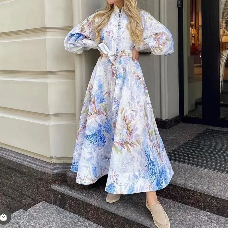 

2023 summer temperament print single-breasted dress women's balloon sleeve long skirt woman
