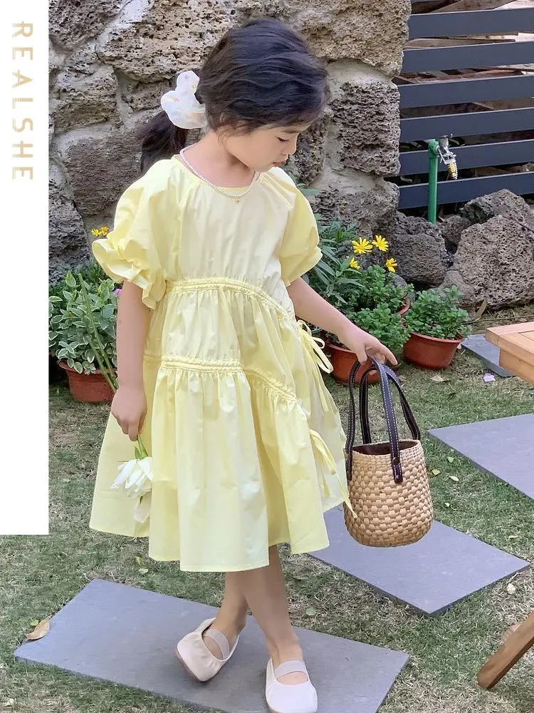 

2023 Summer New Fashion Baby Girl Short Sleeve Solid Kids Casual Dress Cute Sweet Crew Neck Princess Skirt Children Clothes