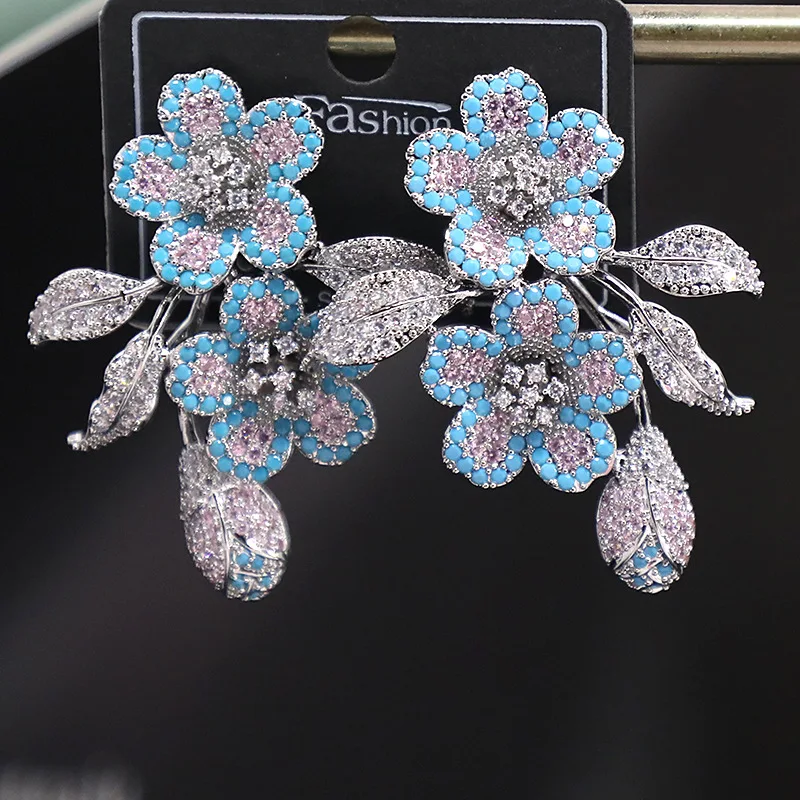 

Micro Pave Cubic Zirconia Flowers Dangle Earrings Women Fashion Statement Wedding Party Jewelry Floral Eardrop