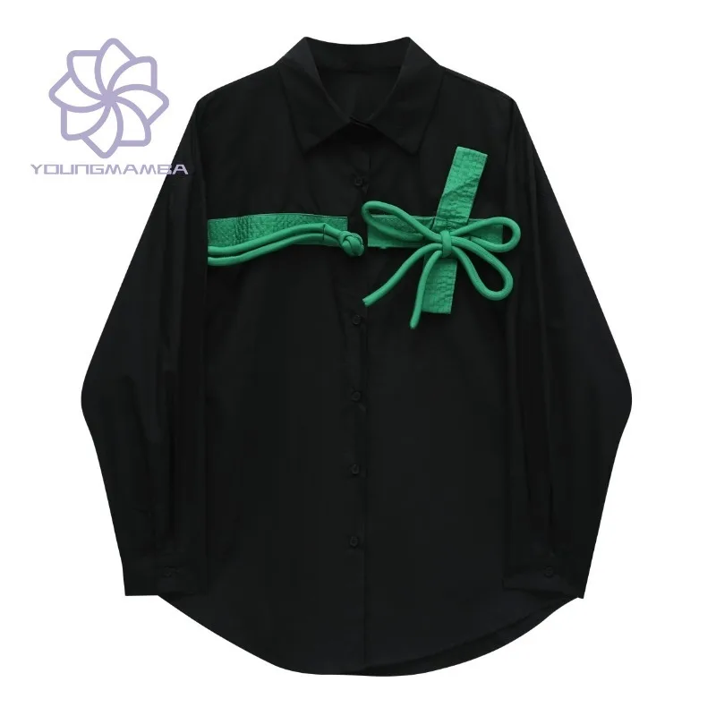 

New Vintage Fashion Button Bow Solid Blouses Women 2023 Loose Long Sleeve Shirts Lapel Black Tops Female